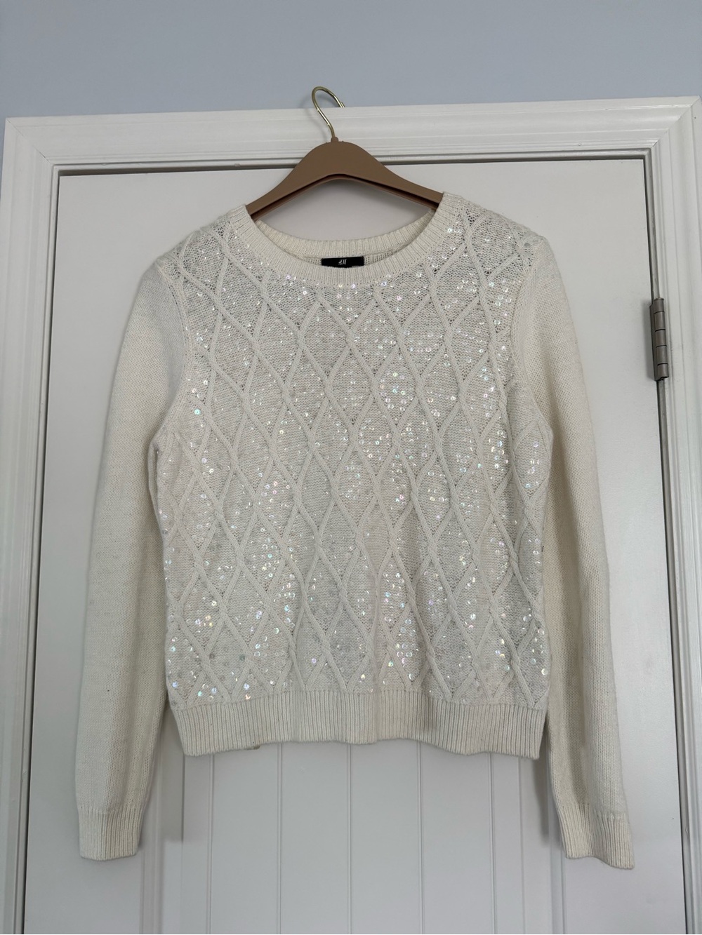 H&M Cream Sequin Cable Knit Crewneck Sweater
